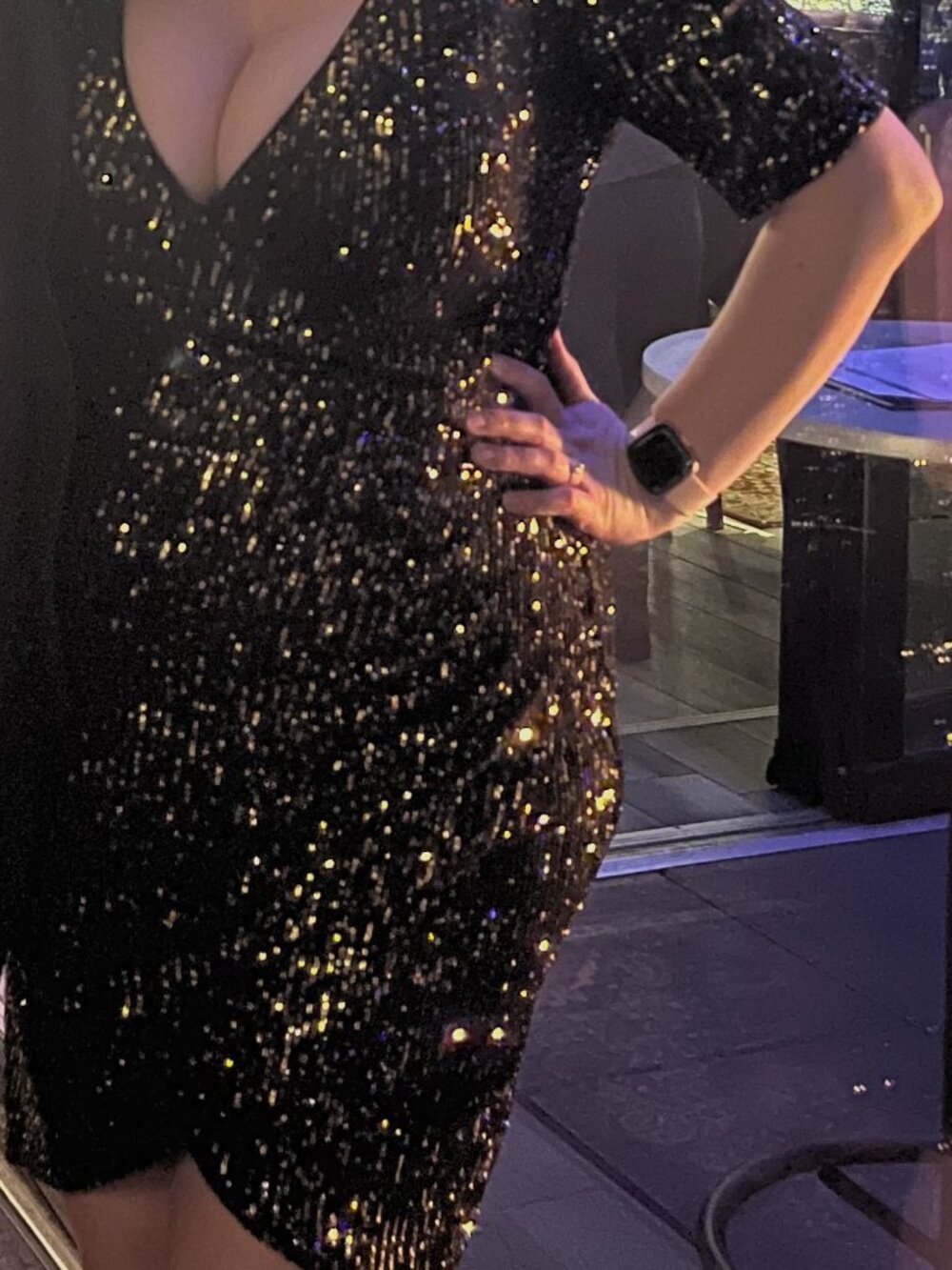 BEAUtiful black and gold sequin wrap dress with tulip hem, v-neck